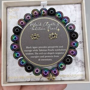 Tahitian pearl stud earrings black agate bracelet set evil eye protection